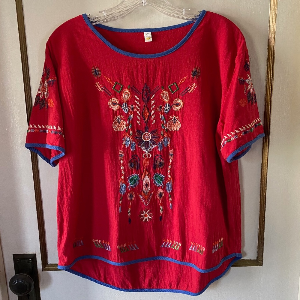 Red Embroidered Boho Top NWOT